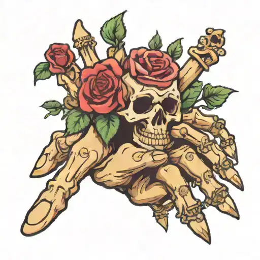Hand tattoo with rose and skeleton fingers that say Grind For Everything tattoo design idea