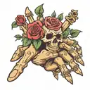 Hand tattoo with rose and skeleton fingers that say Grind For Everything tattoo design idea
