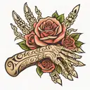 Hand tattoo with rose and skeleton fingers that say Grind For Everything tattoo design idea