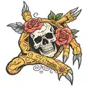 Hand tattoo with rose and skeleton fingers that say Grind For Everything tattoo design idea