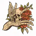 Hand tattoo with rose and skeleton fingers that say Grind For Everything tattoo design idea