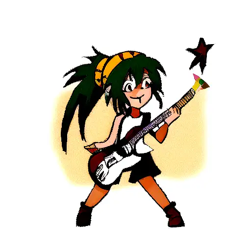 Reggae-inspired anime character playing the bass guitar on the beach tattoo design idea