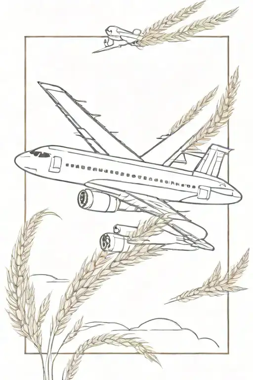 The An 225 plane is drawn in outline, braided with ears of wheat tattoo design idea