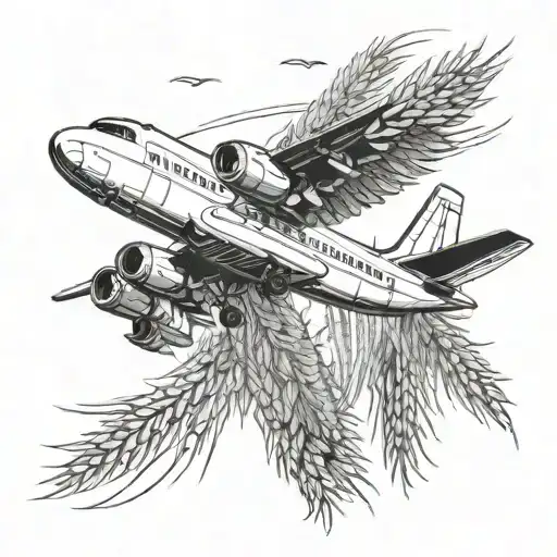 vector, The An 225 plane is drawn in outline, braided with ears of wheat, white background tattoo design idea