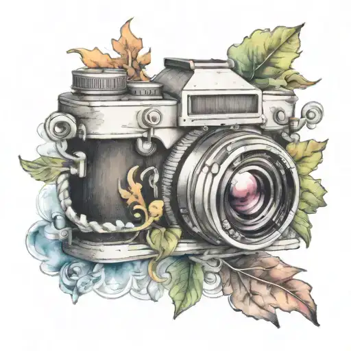 realistic camera surrounded by rising colored smoke  tattoo design idea