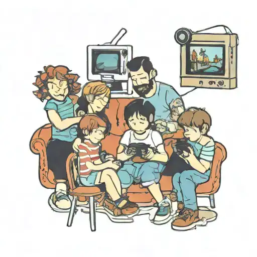 polaroid picture of a family with 6 kids playing video games tattoo design idea