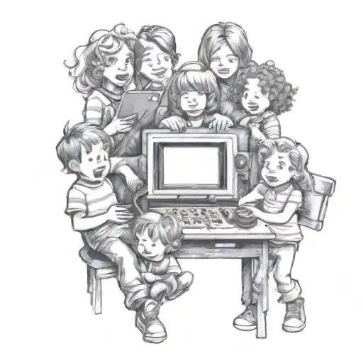 polaroid picture of a family with 6 kids playing video games tattoo design idea