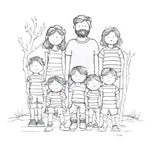 polaroid photo of a stick family with 6 kids tattoo design idea