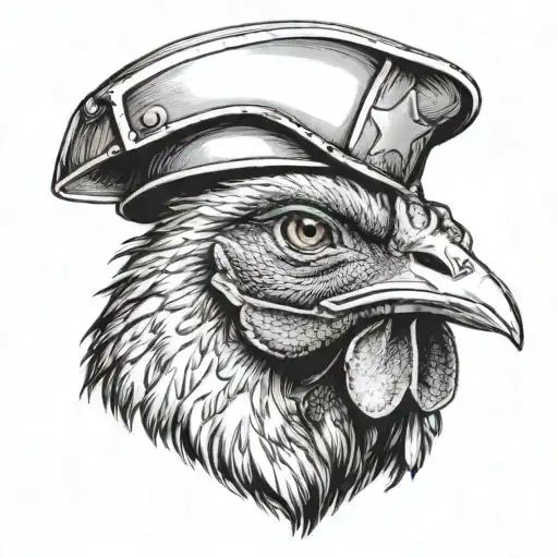 A realistic portrait of a chicken wearing a lineman's hard hat, symbolizing the client's love for both animals and their occupation tattoo design idea