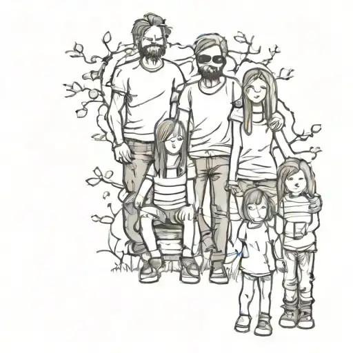 polaroid photo of a stick family with teen son, teen daughter, young son, and three young daughters and two dogs tattoo design idea