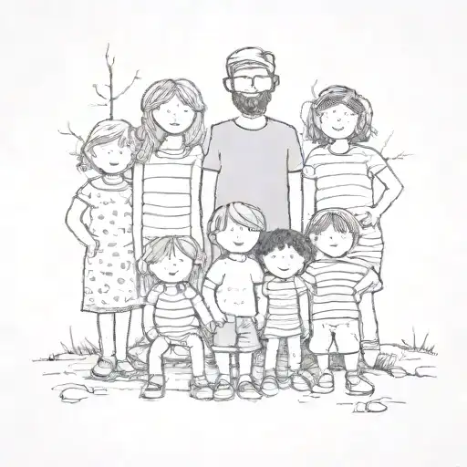 polaroid photo of a stick family with 6 kids tattoo design idea