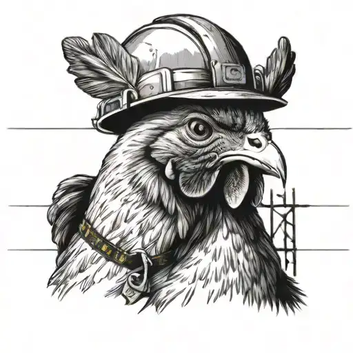 A realistic portrait of a chicken wearing a lineman's hard hat, standing near powerlines tattoo design idea