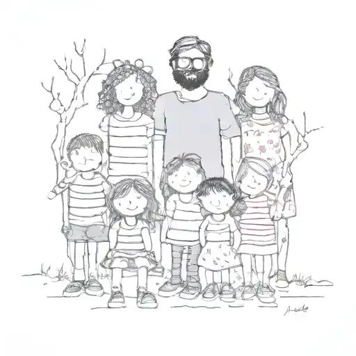 polaroid photo of a stick family with 6 kids tattoo design idea