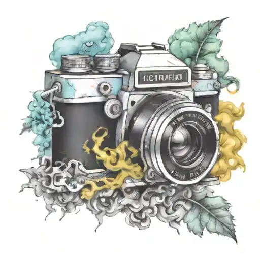 realistic camera surrounded by rising colored smoke  tattoo design idea