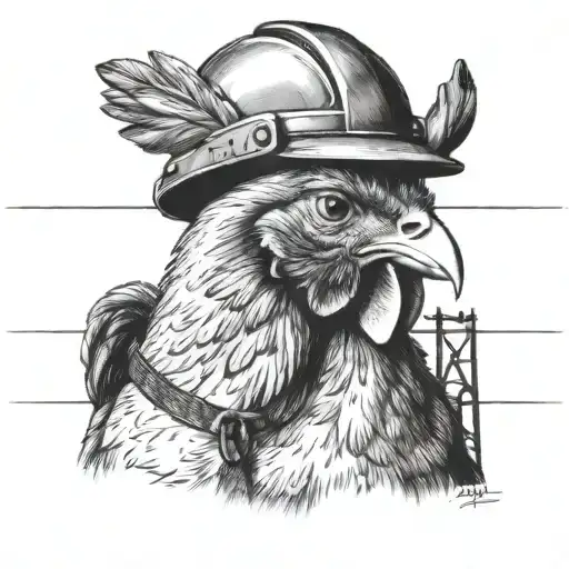 A realistic portrait of a chicken wearing a lineman's hard hat, standing near powerlines tattoo design idea