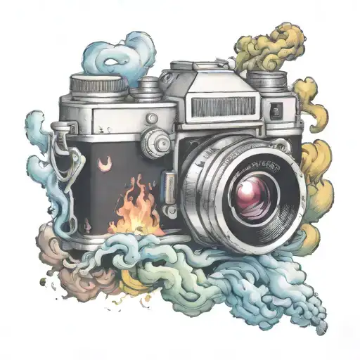 camera surrounded by rising colored smoke  tattoo design idea