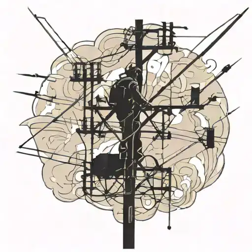 An abstract representation of electrical currents intertwined with silhouette of a lineman working on a powerline tattoo design idea