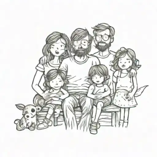 polaroid photo of a stick family with teen son, teen daughter, young son, and three young daughters tattoo design idea