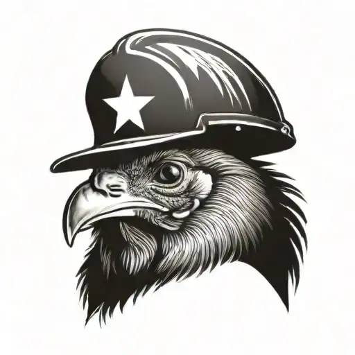 A realistic portrait of a chicken wearing a lineman's hard hat, symbolizing the client's love for both animals and their occupation tattoo design idea