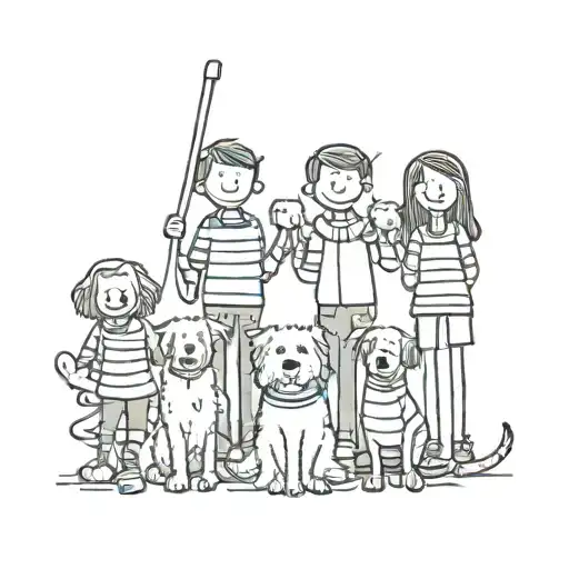 stick family of 9 with 2 dogs tattoo design idea