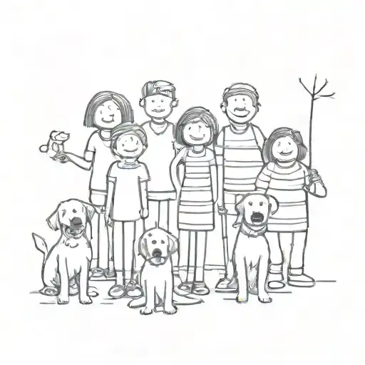 stick family of 9 with 2 dogs tattoo design idea