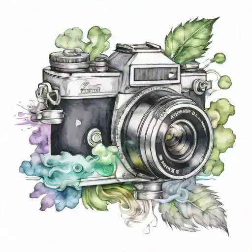camera surrounded by rising colored smoke  tattoo design idea