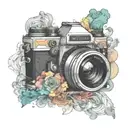 camera surrounded by rising colored smoke  tattoo design idea