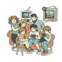 polaroid picture of a family with 6 kids playing video games tattoo design idea