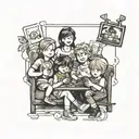 polaroid picture of a family with 6 kids playing video games tattoo design idea