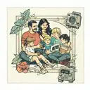 polaroid picture of a family with 6 kids playing video games tattoo design idea