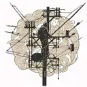 An abstract representation of electrical currents intertwined with silhouette of a lineman working on a powerline tattoo design idea
