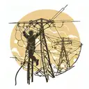 An abstract representation of electrical currents intertwined with silhouette of a lineman working on a powerline tattoo design idea