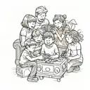 polaroid picture of a family with 6 kids playing video games tattoo design idea