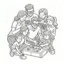 polaroid picture of a family with 6 kids playing video games tattoo design idea