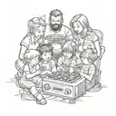 polaroid picture of a family with 6 kids playing video games tattoo design idea