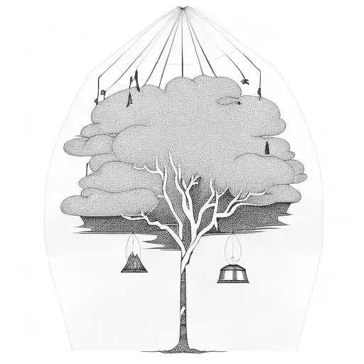 circus tent behind silhouette of trees with orange tiger lightning  tattoo design idea