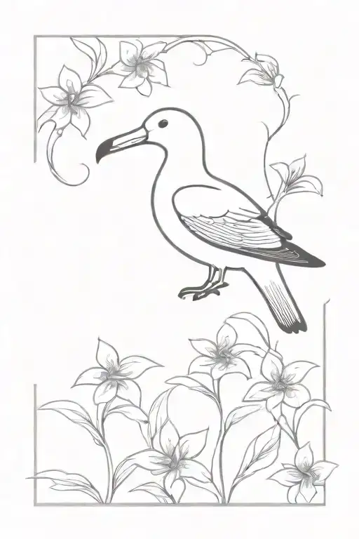 albatross bird flying with floral background  tattoo design idea
