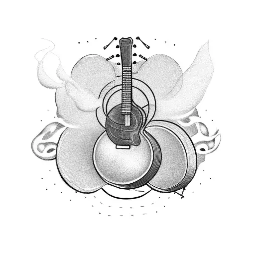 A guitar and drum set intertwined with smoke tattoo design idea