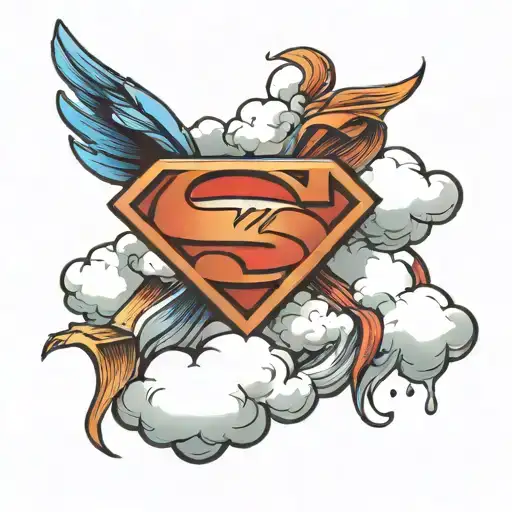 superman logo with clouds around it and words saying in loving memory  tattoo design idea