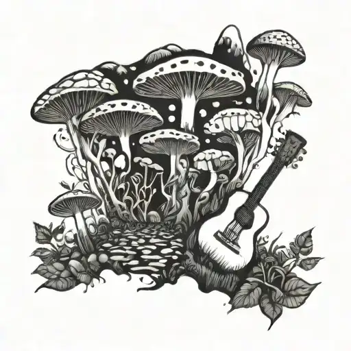 A psychedelic mushroom forest with hidden guitar shapes tattoo design idea