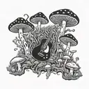 A psychedelic mushroom forest with hidden guitar shapes tattoo design idea