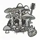 A psychedelic mushroom forest with hidden guitar shapes tattoo design idea