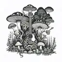 A psychedelic mushroom forest with hidden guitar shapes tattoo design idea