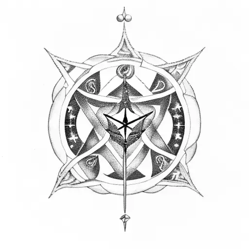 A detailed blackwork tattoo of the constellation of Pisces intertwined with elements of Greek mythology, such as Poseidon's trident or a mermaid, symbolizing your love for astrology and mythology tattoo design idea