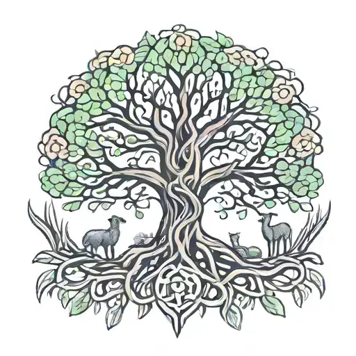 Yggdrasil tree family knot doe face tattoo design idea