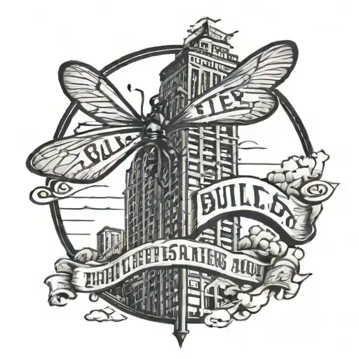 The words "Build Taller, Feel Smaller" written in a banner that is wrapped around sky scrapers, with an ant looking up. tattoo design idea