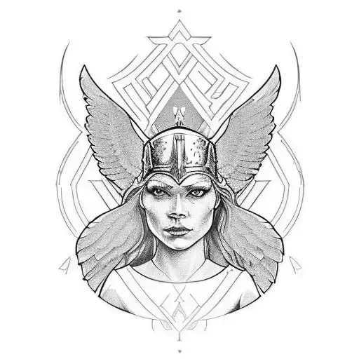handle design with a Nordic theme that includes a valkyrie, a wizard and a raven tattoo design idea