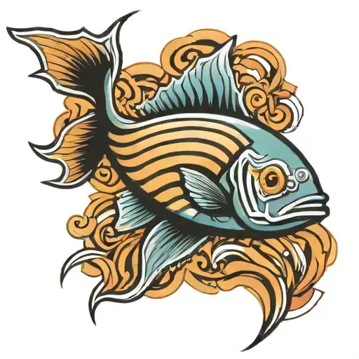 Jesus fish on tricep with 5 stripes wrapping arm tattoo design idea