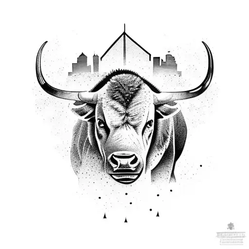 A tattoo design featuring the Pittsburgh skyline merging into a buffalo roaming through a field, with elements of nature and food incorporated throughout tattoo design idea