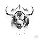 A tattoo design featuring the Pittsburgh skyline merging into a buffalo roaming through a field, with elements of nature and food incorporated throughout tattoo design idea